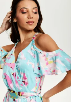 Women's Midi Wrap Dress in Blue Abstract Print with Cold Shoulders and Tie Waist - Elegant Style by Liquorish