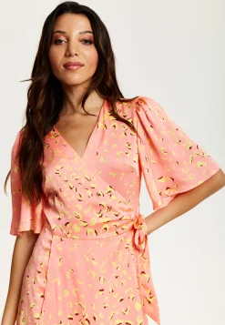 Women's Midi Wrap Dress in Peach with V-Neck, Side Tie, Kimono Sleeves - Stylish and Comfortable by Liquorish
