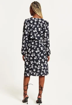 Women's Midi Wrap Dress in Navy with Long Sleeves and Floral & Bird Print - Chic Style by Liquorish