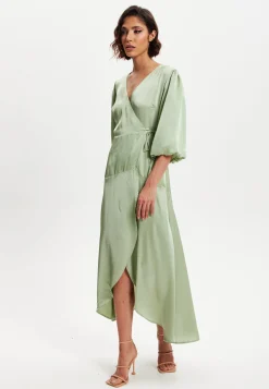 Women's Midi Wrap Dress in Sage Green with Short Puff Sleeves - Elegant Style and Comfort by Liquorish