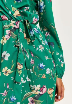 Women's Midi Wrap Dress in Green Floral Print with Long Sleeves - Chic Elegance by Liquorish