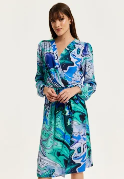 Women's Midi Wrap Dress in Turquoise Marble Print with Long Sleeves - Elegant Design by Liquorish
