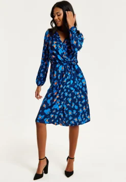Women's Midi Wrap Dress in Blue with Long Sleeves - Elegant Abstract Print Design by Liquorish