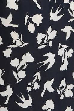 Women's Midi Wrap Dress in Navy with Long Sleeves and Floral & Bird Print - Chic Style by Liquorish