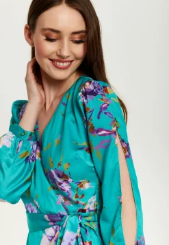 Women's Midi Wrap Dress in Green with Long Sleeve Slits, V Neck Style - Floral Print by Liquorish