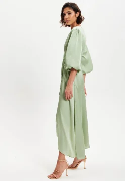 Women's Midi Wrap Dress in Sage Green with Short Puff Sleeves - Elegant Style and Comfort by Liquorish