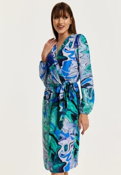 Women's Midi Wrap Dress in Turquoise Marble Print with Long Sleeves - Elegant Design by Liquorish