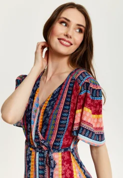 Women's Midi Wrap Dress in Multicolour with Short Sleeves and Paisley Print - Elegant V Neck Design by Liquorish
