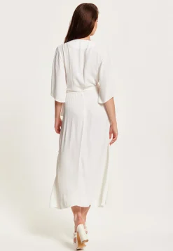 Women's Midi Wrap Dress in White - Short Kimono Sleeves with Matching Tie Waist for a Flattering Fit by Liquorish