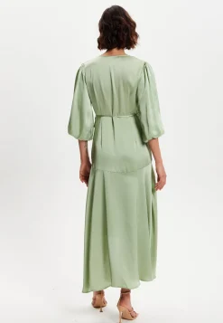 Women's Midi Wrap Dress in Sage Green with Short Puff Sleeves - Elegant Style and Comfort by Liquorish