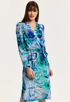 Women's Midi Wrap Dress in Turquoise Marble Print with Long Sleeves - Elegant Design by Liquorish
