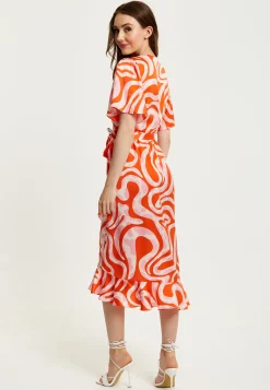Women's Midi Wrap Dress in Pink and Red Abstract Print with Short Sleeves - Flattering V Neck and Tie Waist by Liquorish