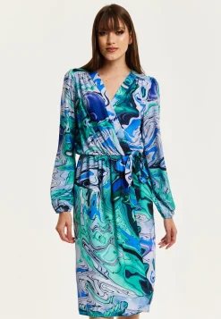 Women's Midi Wrap Dress in Turquoise Marble Print with Long Sleeves - Elegant Design by Liquorish