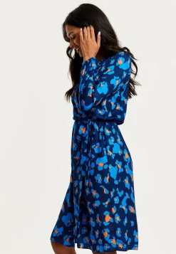 Women's Midi Wrap Dress in Blue with Long Sleeves - Elegant Abstract Print Design by Liquorish