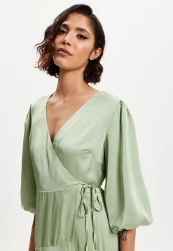 Women's Midi Wrap Dress in Sage Green with Short Puff Sleeves - Elegant Style and Comfort by Liquorish