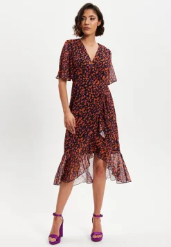Women's Midi Wrap Dress with Short Sleeves in Chic Animal Print Organza - Double Breasted Style by Liquorish