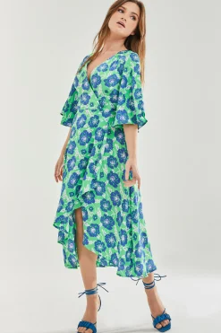 Women's Midi Wrap Dress with Flared Kimono Sleeves in Green Floral Print - Elegantly Chic by Liquorish