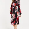 Women's Midi Wrap Dress with Long Balloon Sleeves in Rose Print and Open Back Detail - Liquorish