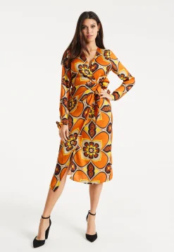 Women's Midi Wrap Dress with Long Sleeves in Orange and Yellow Floral Print - Liquorish