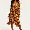 Women's Midi Wrap Dress with Balloon Sleeves in Retro Print - Elegant Fake Wrap Style, Perfect for Any Occasion by Liquorish