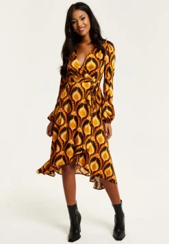 Women's Midi Wrap Dress with Balloon Sleeves in Retro Print - Elegant Fake Wrap Style, Perfect for Any Occasion by Liquorish