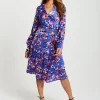 Women's Midi Wrap Dress with Long Balloon Sleeves in Blue Multicolour Abstract Dot Print - Liquorish