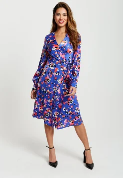 Women's Midi Wrap Dress with Long Balloon Sleeves in Blue Multicolour Abstract Dot Print - Liquorish