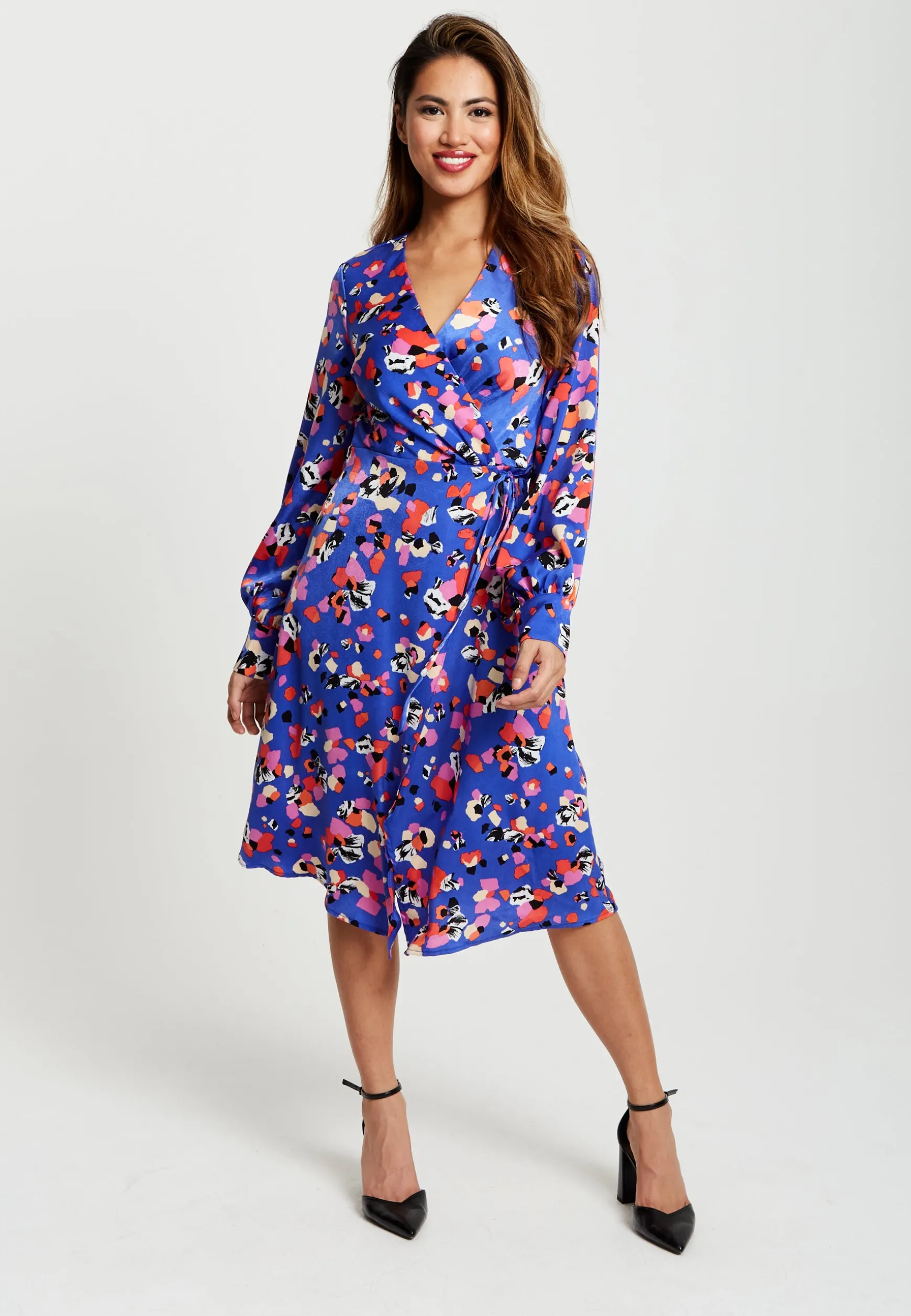 Women's Midi Wrap Dress with Long Balloon Sleeves in Blue Multicolour Abstract Dot Print - Liquorish