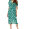 Women's Midi Wrap Dress with Short Sleeves and Daring Front Slit in Green - Liquorish