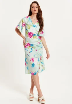 Women's Midi Wrap Dress with Kimono Sleeves and Floral Print in Mint Green - Liquorish