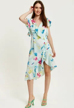Women's Midi Wrap Dress with Flouncy Sleeves in Mint Green - Elegant Floral Design for Every Occasion by Liquorish