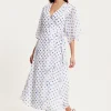 Women’s Midi Wrap Dress with Kimono Sleeves in White and Blue Floral Polka Dot Print - Liquorish