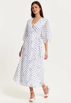 Women’s Midi Wrap Dress with Kimono Sleeves in White and Blue Floral Polka Dot Print - Liquorish