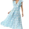 Women’s Midi Wrap Dress with Frill Short Sleeves in Blue - Cloud Print Tie Waist Elegance for Weddings by Liquorish