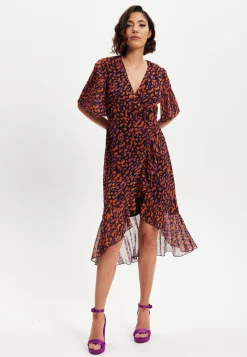 Women's Midi Wrap Dress with Short Sleeves in Chic Animal Print Organza - Double Breasted Style by Liquorish