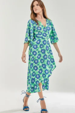 Women's Midi Wrap Dress with Flared Kimono Sleeves in Green Floral Print - Elegantly Chic by Liquorish