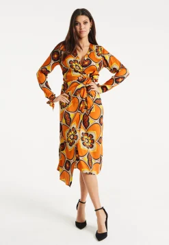 Women's Midi Wrap Dress with Long Sleeves in Orange and Yellow Floral Print - Liquorish