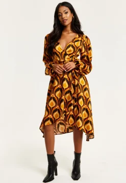 Women's Midi Wrap Dress with Balloon Sleeves in Retro Print - Elegant Fake Wrap Style, Perfect for Any Occasion by Liquorish