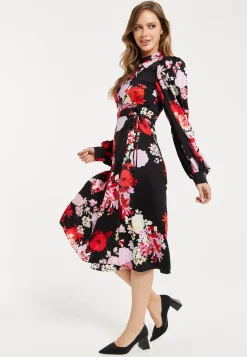 Women's Midi Wrap Dress with Long Balloon Sleeves in Rose Print and Open Back Detail - Liquorish
