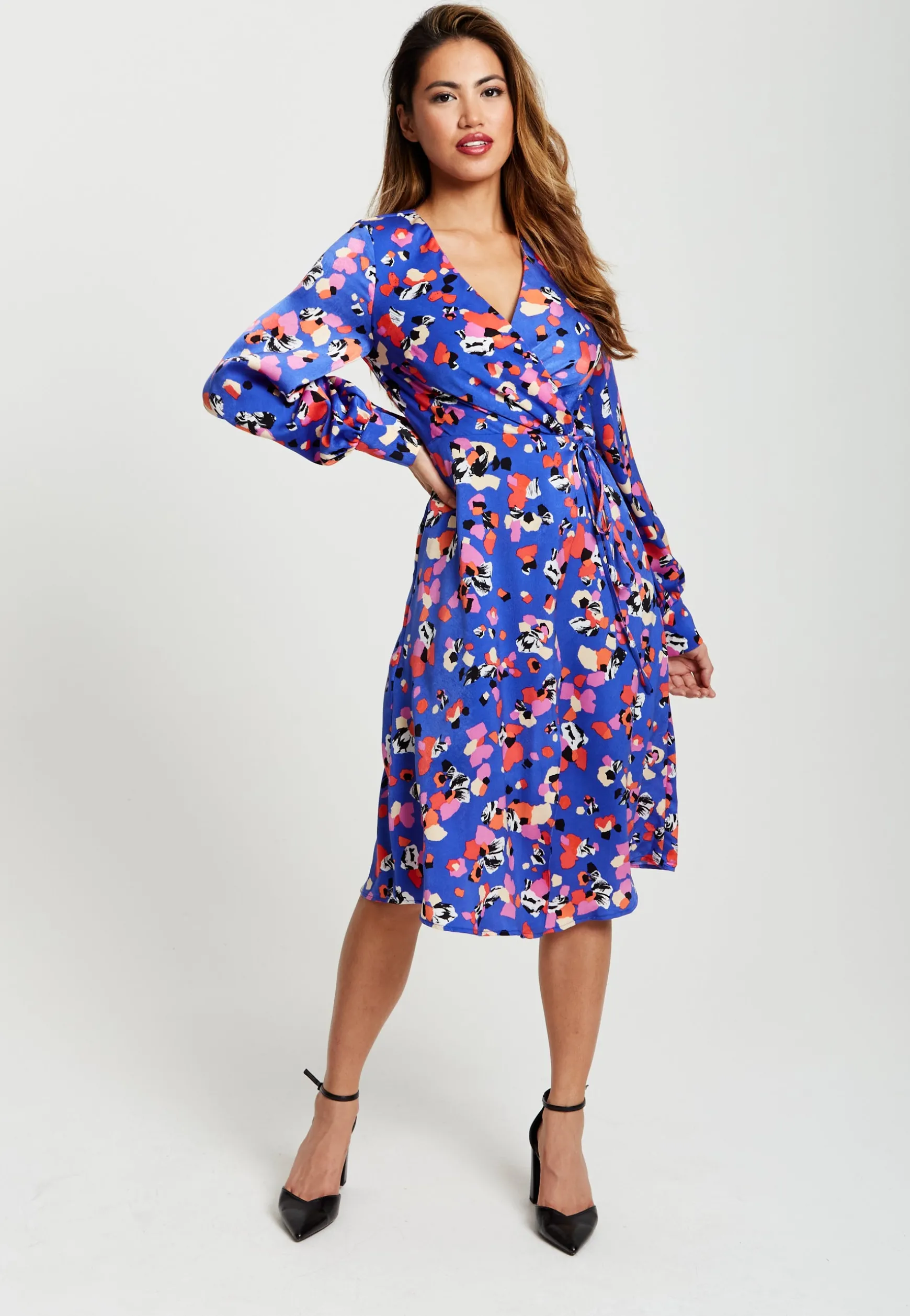 Women's Midi Wrap Dress with Long Balloon Sleeves in Blue Multicolour Abstract Dot Print - Liquorish