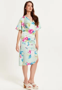 Women's Midi Wrap Dress with Kimono Sleeves and Floral Print in Mint Green - Liquorish