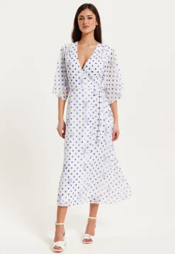 Women’s Midi Wrap Dress with Kimono Sleeves in White and Blue Floral Polka Dot Print - Liquorish