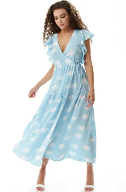 Women’s Midi Wrap Dress with Frill Short Sleeves in Blue - Cloud Print Tie Waist Elegance for Weddings by Liquorish