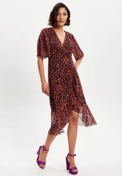 Women's Midi Wrap Dress with Short Sleeves in Chic Animal Print Organza - Double Breasted Style by Liquorish
