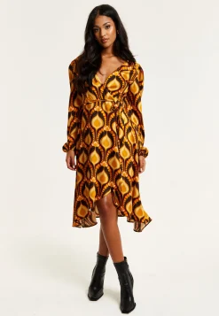 Women's Midi Wrap Dress with Balloon Sleeves in Retro Print - Elegant Fake Wrap Style, Perfect for Any Occasion by Liquorish