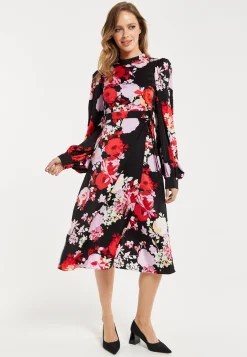 Women's Midi Wrap Dress with Long Balloon Sleeves in Rose Print and Open Back Detail - Liquorish