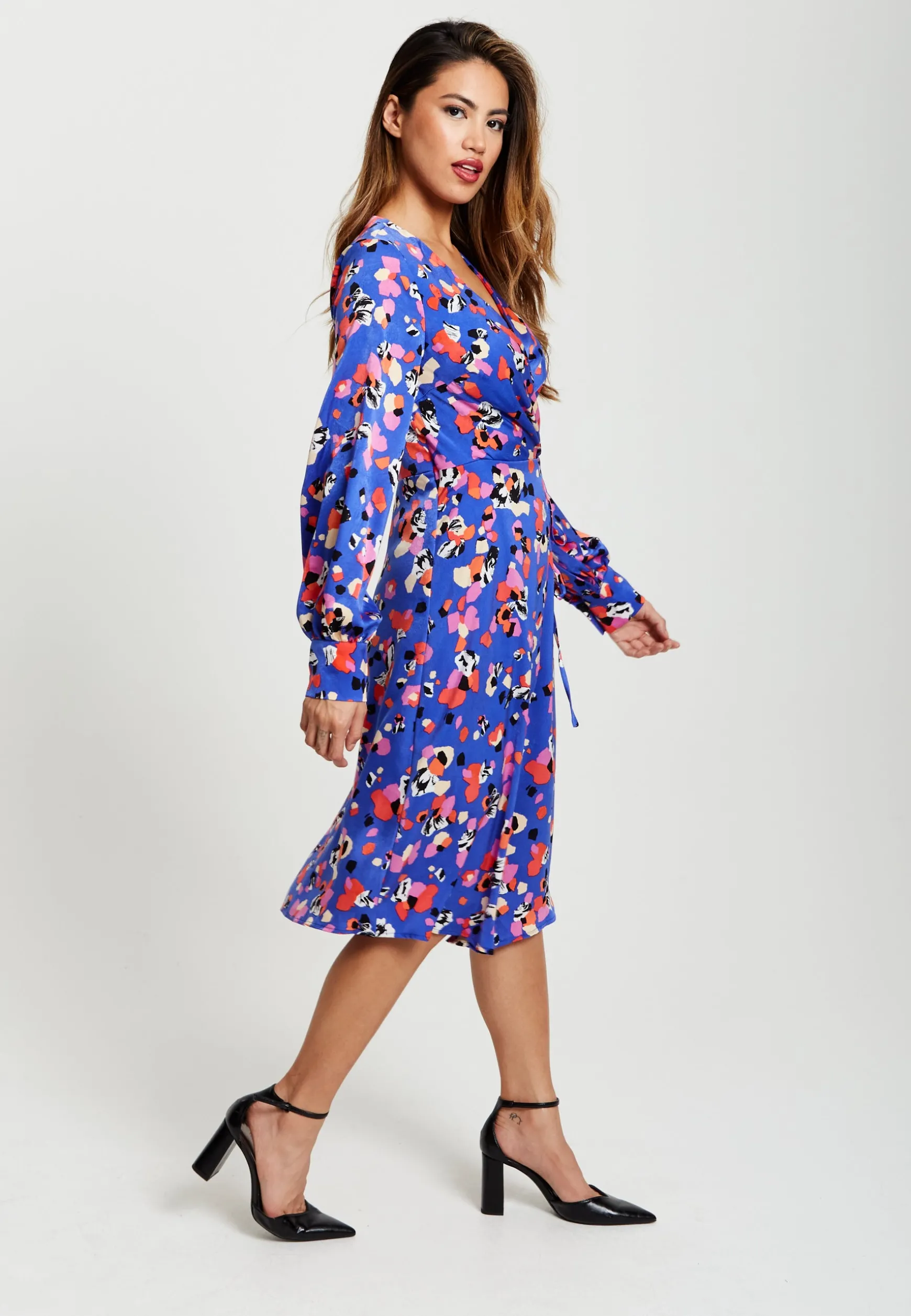 Women's Midi Wrap Dress with Long Balloon Sleeves in Blue Multicolour Abstract Dot Print - Liquorish