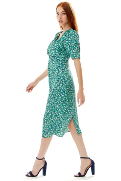 Women's Midi Wrap Dress with Short Sleeves and Daring Front Slit in Green - Liquorish