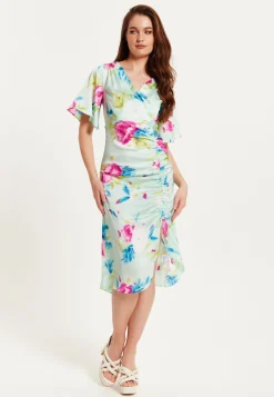 Women's Midi Wrap Dress with Kimono Sleeves and Floral Print in Mint Green - Liquorish