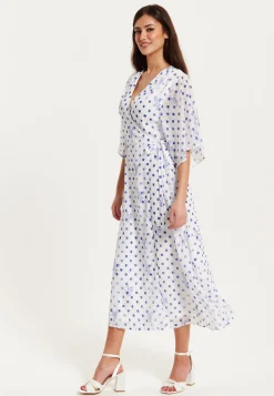 Women’s Midi Wrap Dress with Kimono Sleeves in White and Blue Floral Polka Dot Print - Liquorish
